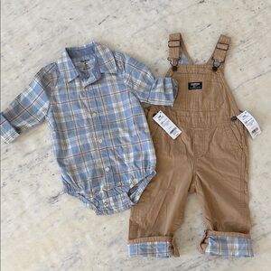 OshKosh B'gosh Tan Overalls and Blue Plaid Bodysuit 24 Months